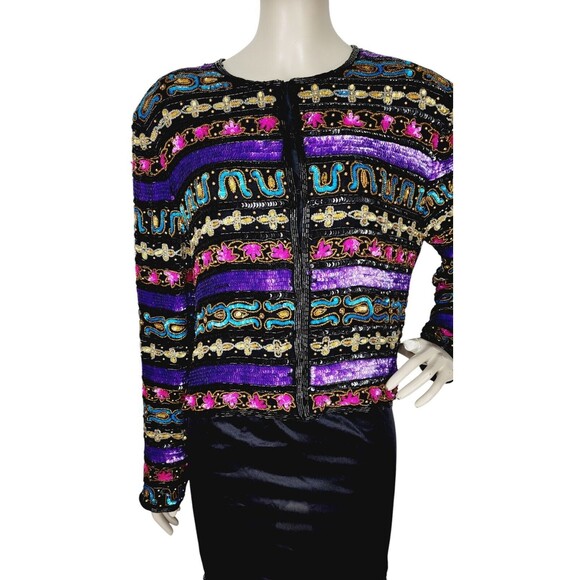 Vintage 80s Tate Mate 100% Silk Beaded Sequined Mixed Media Party Jacket India - Picture 5 of 12